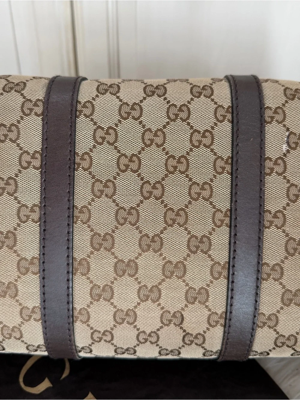 Gucci Beige GG Canvas Satchel with Dark Brown Leather Trim